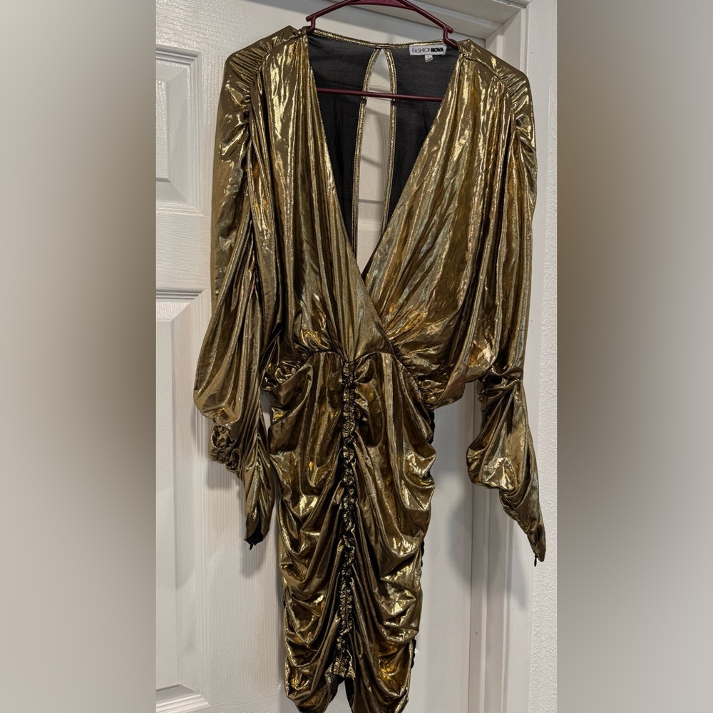 Fashion Nova Shimmering Gold Long Sleeve Dress